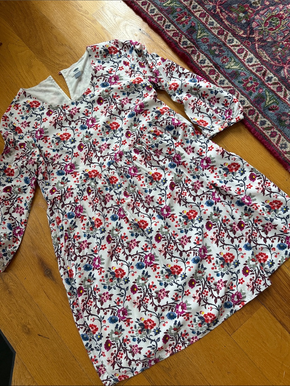 Old Navy White Floral Long Sleeve Dress with Red and Pink Flowers